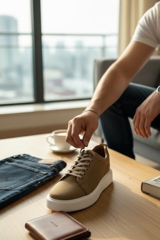 Enoch Hakiki Deri Lazer Kesim Detaylı Günlük Erkek Sneaker Comfort Taban Bej