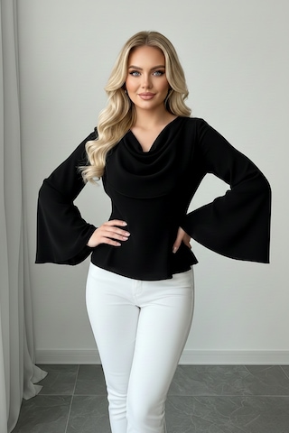 Khi-zai Kadın Degaje Yaka Şehirli Stil Bluz Siyah