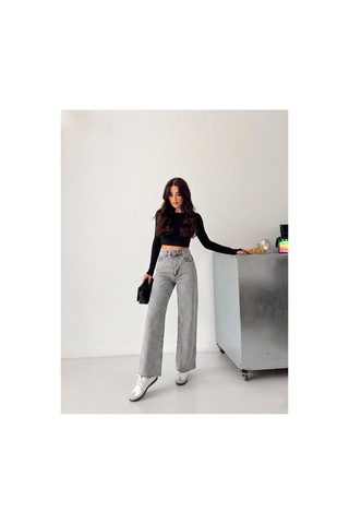Kene Jeans Gri Kar Paça Kesik Ön Arka Taşlı Bol Paça Kot/denim Pantolon Gri Kar