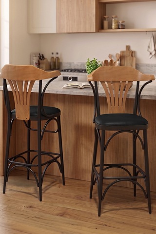 Wabex Serisi 1 Adet 66 Cm Suni Deri Kumaş Siyah Metal İskeletli Mutfak Bar Sandalyesi Siyah Sandalye Siyah Ayak
