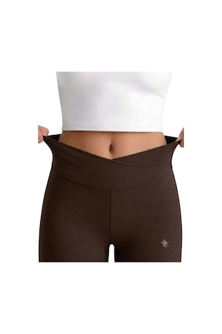 Erdem Kıds Kız Çocuk Cepli Kruvaze Kemer Yüksek Bel, Günlük, Koşu, Yürüyüş, Yoga, Spor, Egzersiz, Fitness Tayt Kahve Kahve