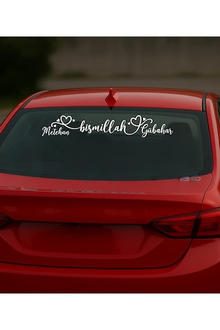 Kişiye Özel Aile Çift Arka Cam Yazısı Bismillah Ve İsimli Dekorlu Sticker Oto Kamyon 10x50 Cm