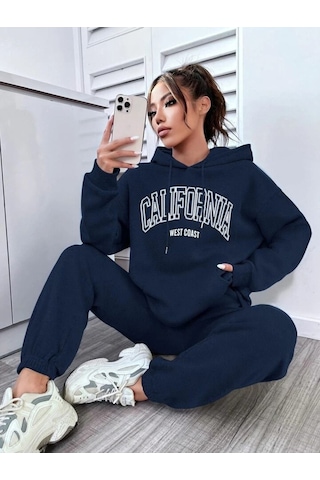 West Coast Eşofman Takım Sweatshirt Jogger - Lacivert Baskılı Oversize Şardonlu Kapüşonlu Lacivert