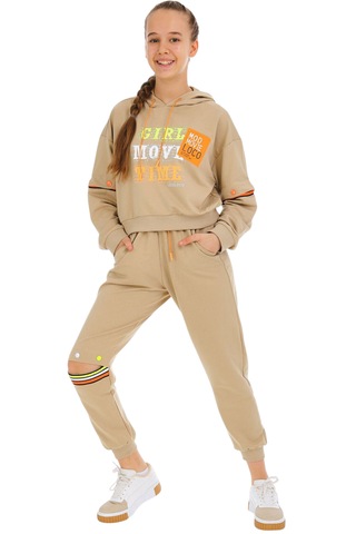 Kız Çocuk Girl Move Yazılı Çıtçıt Detaylı Bej Eşofman Takımı