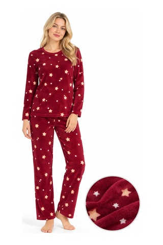 Sleeeproom Kadın Süet Mevsimlik Yıldız Desen Bordo Pijama Takımı