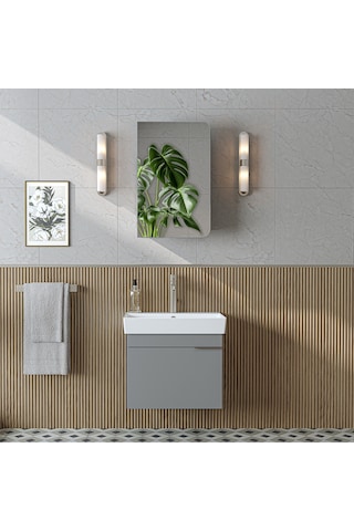 Likya Lavabolu Banyo Dolabı Takımı, Mdflam Tek Kapaklı Lavabolu 59 Cm Banyo Alt Dolabı + Üst Dolabı Kül Gri