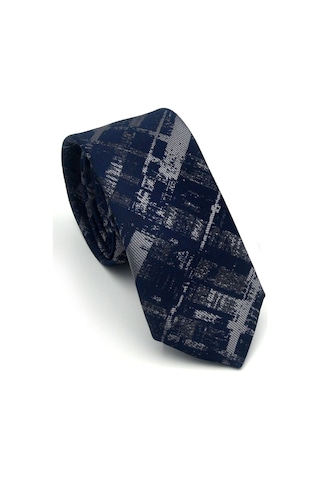 Gaffy Füme Desenli Lacivert Dokuma Kumaş Mendilli Slim Fit Kravat // Sdk-2601-2 Lacivert