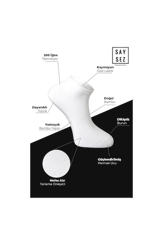 Saysez Bambu Erkek Patik Düz Beyaz Çorap Dikişsiz Premium Kutulu 6'lı Beyaz