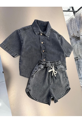 Magu Çocuk Pamuklu Füme Yıkamalı Denim Oversize Gömlek Şort Takım Antrasit