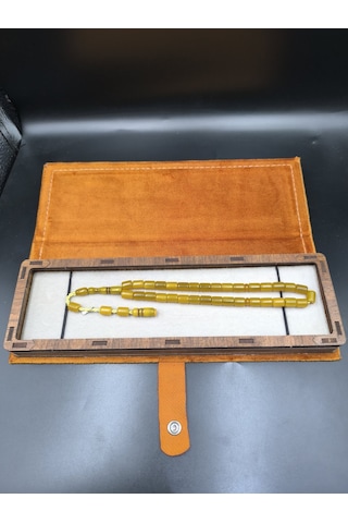 Usta İmzalı Osmanlı Benzetme Sıkma Kehribar Tesbih Muhammed Dabbas, Hardal Sarısı, 9x7 Mm Gümüş