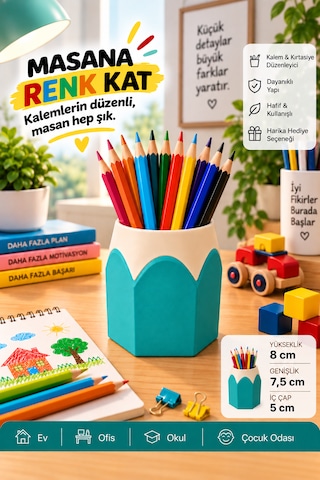 Kalemlik Renkli Kurşun Kalem Tasarımlı, 3d Baskı Turkuaz