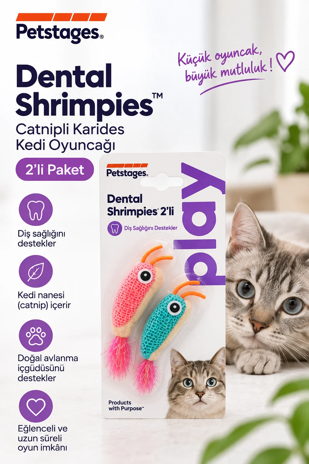 Petstages Dental Shrimpies Catnipli Kedi Oyuncağı 2'li Paket Peluş
