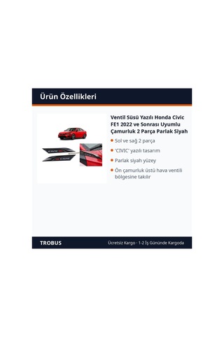 Trobus Ventil Süsü Yazılı Honda Civic Fe1 2022 Ve Sonrası Uyumlu Çamurluk 2 Parça Parlak Siyah