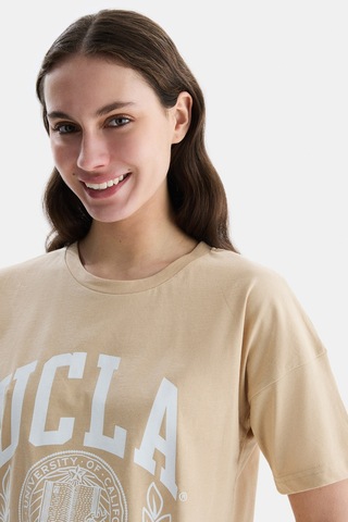 Ucla Avalon Kahve Bisiklet Yaka Baskılı Oversize Kadın Tshirt Kahve