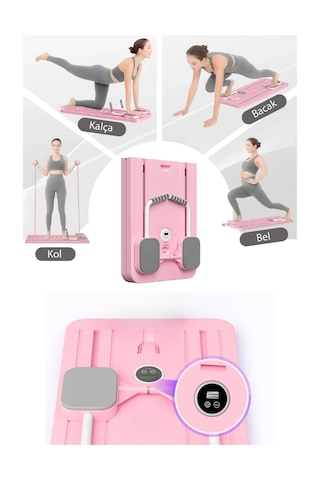 Pilates Aleti Zamanlayıcılı, Direnç Bantlı Çok Amaçlı Egzersiz Tahtası Açık Pembe