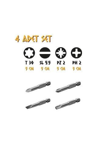 Kupa Tyson Bits Uç Seti 4 Parça - Ph2 - Pz2 - Düz - Tork - 5 Cm.
