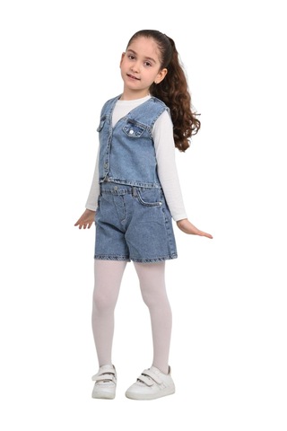 Erdem Kıds Kız Çocuk Pamuklu Jean Denim Düğmeli Kot Yelek Mavi Mavi