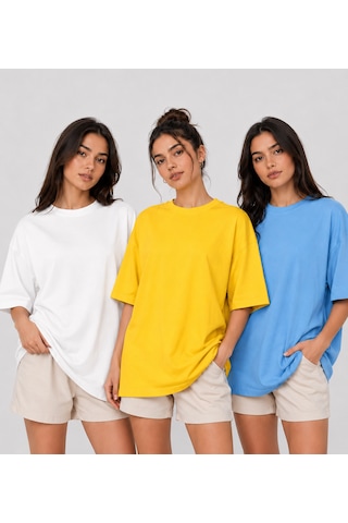 Polymood 3'lü Set Oversize %100 Organik Pamuk Yuvarlak Yakalı Bol Kesim T-shirt Beyaz-sarı-mavi