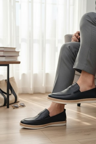 Enoch Hakiki Deri Mokan Dikişli Ve Kontrast Tabanlı Erkek Slip-on Ayakkabı Siyah