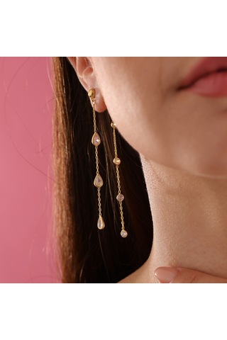 Queen Silver Jewelry 925 Ayar Gümüş. Damla Ve Yuvarlak Zirkon Taş Sallantılı Küpe Altın