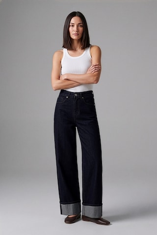 Bluew White Kadın Yüksek Bel Wide Leg Paçası Katlamalı Lacivert Jean Pantolon