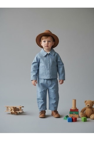 Zekids Erkek Çocuk Fermuarlı Ceket Ve Pantolon İkili Takım-17095 Mavi