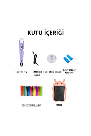 Mor 3D Kalem 3D Pen Yazıcı Kalem | 50 Metre PLA Filament + Grafik Tablet + USB Kablo