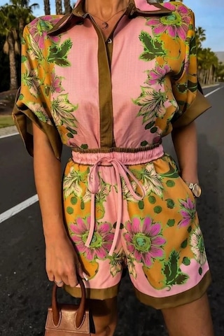 Asprinfashion Kadın İthal Desenli Şort Takım Pembe Gömlek Yaka Bağcıklı Yazlık İkili Takım