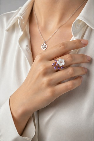 Çekirdekjewelry 925 Ayar Gümüş Manolya Çiçekli Ayarlanabilir Mortaslı Yüzük Pembe