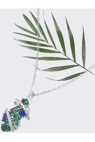 Brezza Lusso Jewelry Zümrüt Oval Taşlı Luxury Kadın Gümüş Kolye Küpe Set