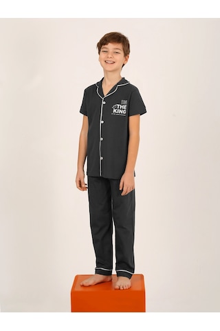 Vitmo Erkek Çocuk Kısa Kollu Düğmeli %100 Pamuklu Pijama Takımı The King Antrasit