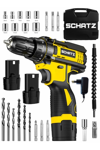 Schatz 12v Çift Akülü Çelik Şanzıman Bakır Sargılı Şarjlı Vidalama Matkap Sarı + 24 Parça Set