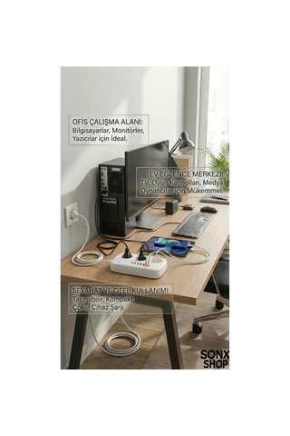 2500w Çoklu Priz 2 Metre 3 Lü Ac Priz +5 Usb Çıkışı Akım Korumalı Alev Almayan Gövde, 0