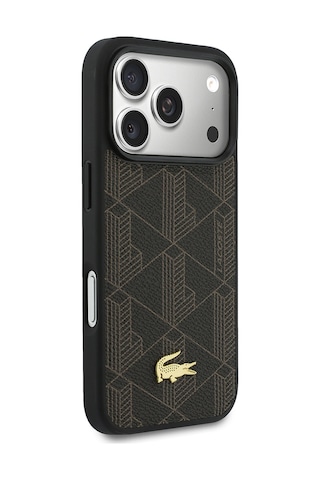 Apple Uyumlu iPhone 17 Pro Max Kılıf Lacoste Lisanslı M-safeli Pu Deri Kartlıklı Karışık Monogram Desenli Kahve Kahverengi