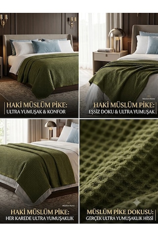 Premium %100 Pamuklu Müslin Waffle Pike - 160x235 Cm Ekstra Geniş Ve Uzun - Ultra Yumuşak Petek Dokulu Yatak Örtüsü Haki