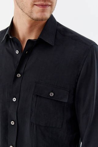 Sabri Özel Siyah %100 Pamuk Klasik Yaka Cepli Slim Fit Gömlek