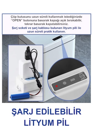 Greentech Sensörlü 16 Litre Çöp Kovası (Şarj Edilebilir Lityum Pilli) / GT-SC03 Beyaz
