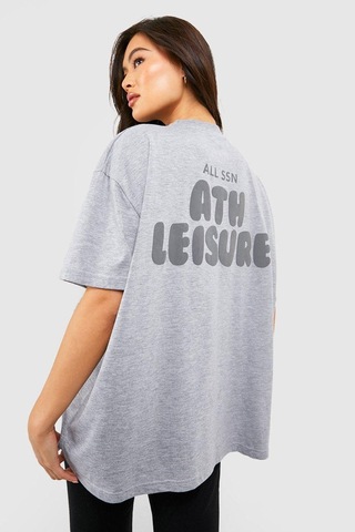Ath Leisure T-shirt - Gri Baskılı Oversize Bisiklet Yaka Kısa Kol Tişört Gri