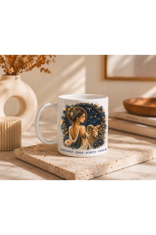 Koç Burcu Tasarım Seramik Kupa Bardak Kadınlara Özel Burç Temalı Kahve Kupası Burç Hediyesi Beyaz