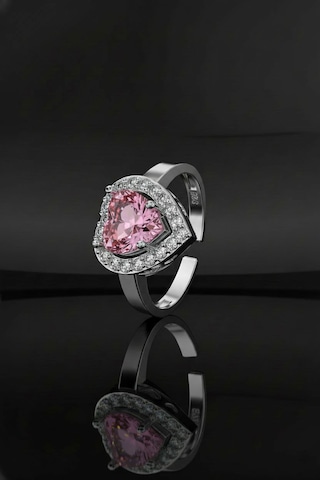 925 Ayar Pembe Taşlı Rodyum Pırlanta Işıltılı Kalp Ayarlanabilir Gümüş Yüzük Gümüş