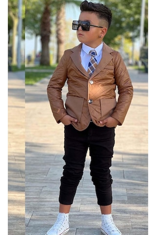 Riccotarz Erkek Çocuk Klasik Gömlek Kravatlı Kapitone Taba Mont Slim Pantolon Kesim Pantolon Alt Üst Takım Taba