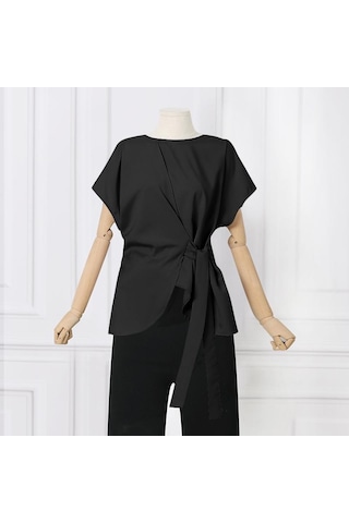 Siyah Vonda Yaz Kadın Kısa Kollu Bisiklet Yaka Tunik Üstleri Rahat Düz Renk Pilili Bluz T-shirt S-5xl