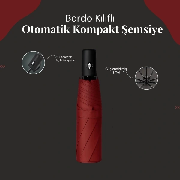 Bordo Kılıflı Otomatik Kompakt Şemsiye renkli