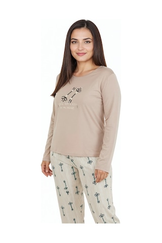 Bravie Üstü Yazılı Altı Çizgili Elite Viscose Uzun Büyük Beden Pijama Takımı Pudra 3597 Gri