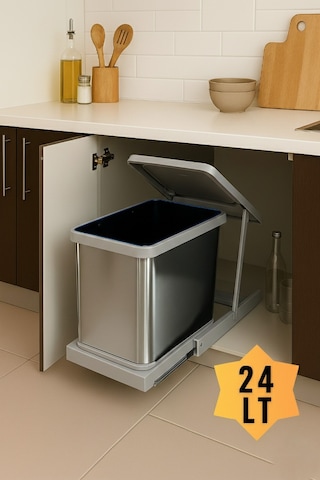 Cassone 24 Litre, Dolap İçi Raylı Gri, Paslanmaz Krom Çöp Kovası , Kapak Genişliği 40 Cm Açık Gri