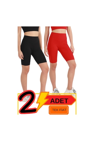 Kadın Yüksek Bel Toparlayıcı Şort Tayt Siyah & Kırmızı 2'li Paket Lycralı Biker Shorts 21071 Siyah - Kırmızı