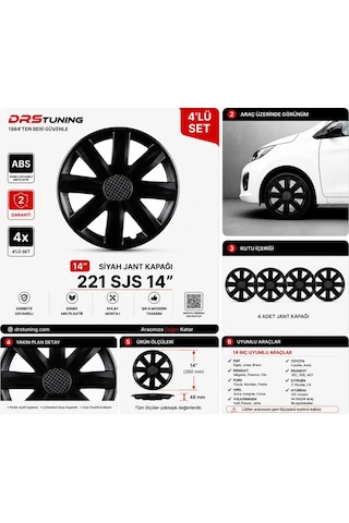 Renault Uyumlu 14 Inc Kırılmaz Parlak Siyah Jant Kapağı 1 Takım 4 Adet No:221