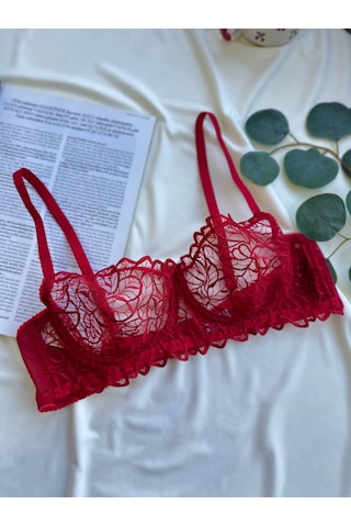 Noateks Kırmızı Yaprak Desenli Transparan Tül Ve Dantel Detaylı Bralet Takım Kırmızı