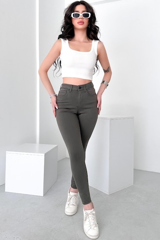 HLT Jeans Kadın Açık Haki Süper Skinny Fit Esnek Likralı Yüksek Bel Jean Kot Pantolon Jennie-2009 Açık Haki