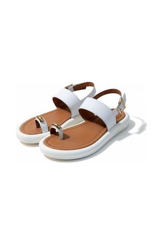 Ne&ve Shoes Beyaz Hakiki Deri Parmak Arası Arkadan Tokalı Kadın Günlük Sandalet
